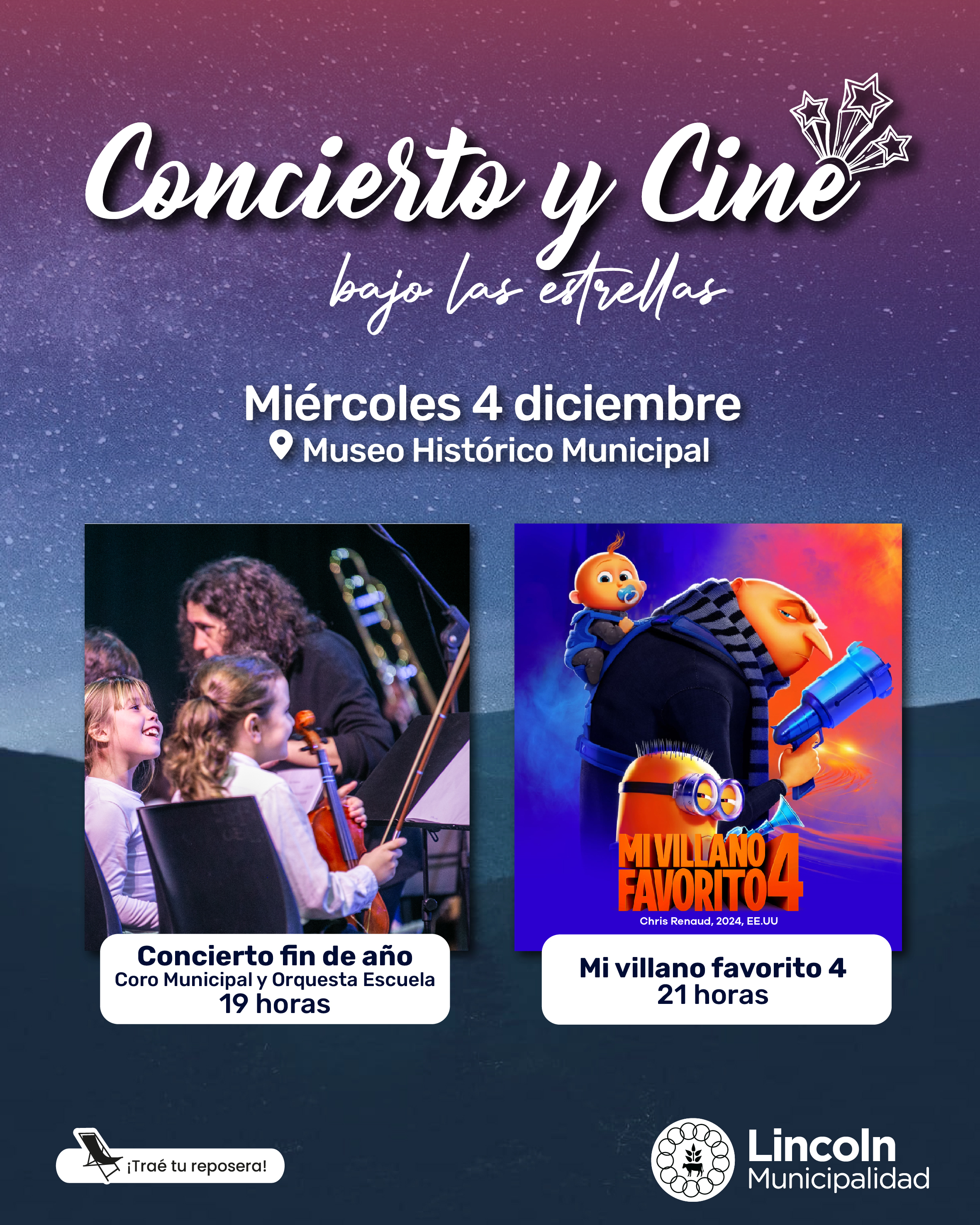 Este miércoles habrá “Concierto y Cine bajo las estrellas” en el Parque