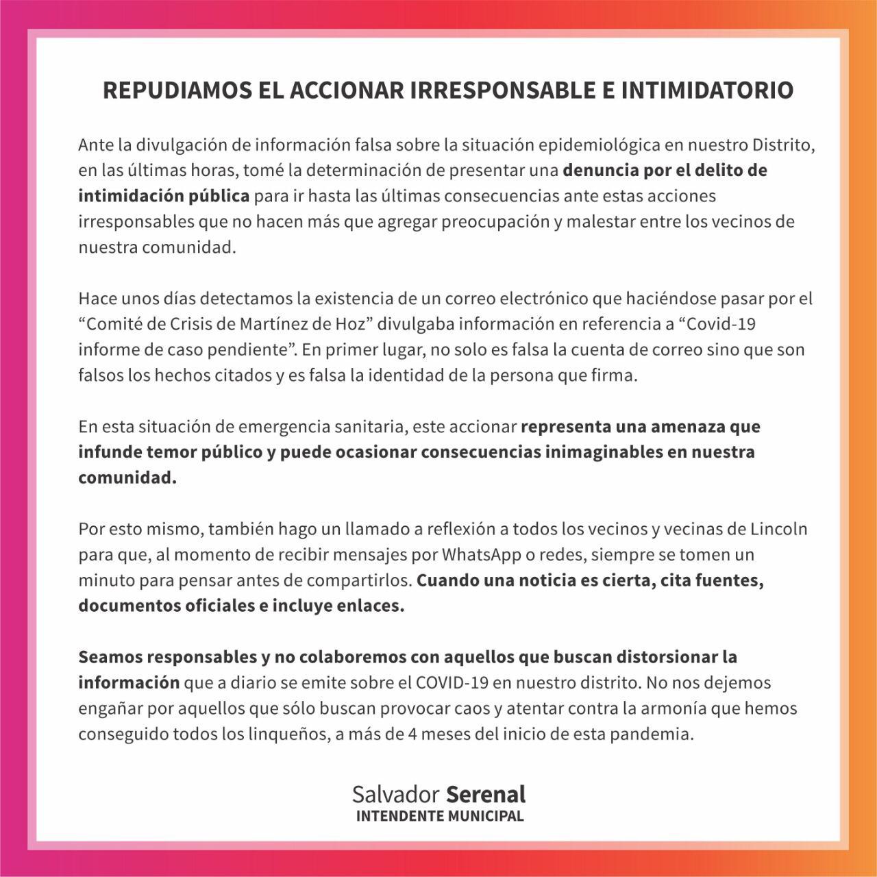 El Ejecutivo inició acciones legales por el delito de intimidación pública
