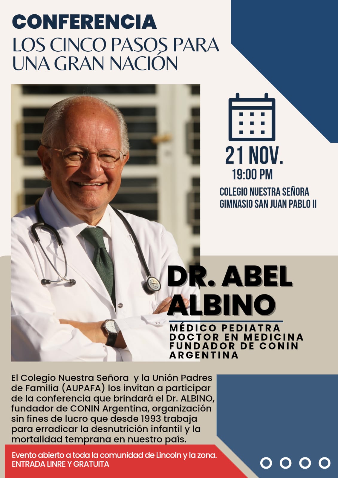 El prestigioso pediatra Dr. Abel Albinó brindará una conferencia abierta en Lincoln